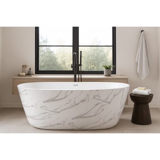Cada baie freestanding Taormina model realizat din acril sanitar dublu stratificat, ranforsat cu fibra de sticla, finisaj cu efect de marmura alb-gri, lucios
