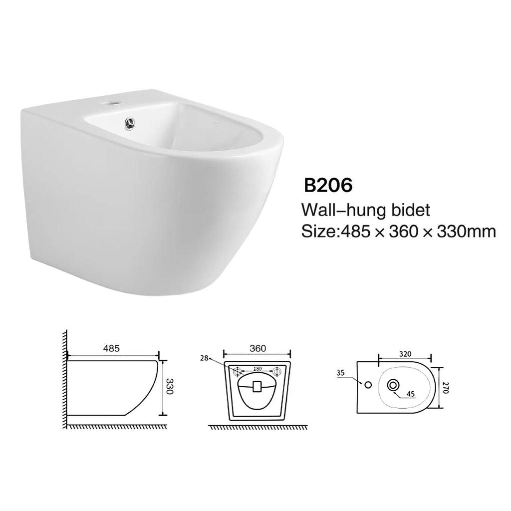 Vas Bideu Suspendat Alb Lucios B206, Ceramică Sanitară, Montaj pe Perete