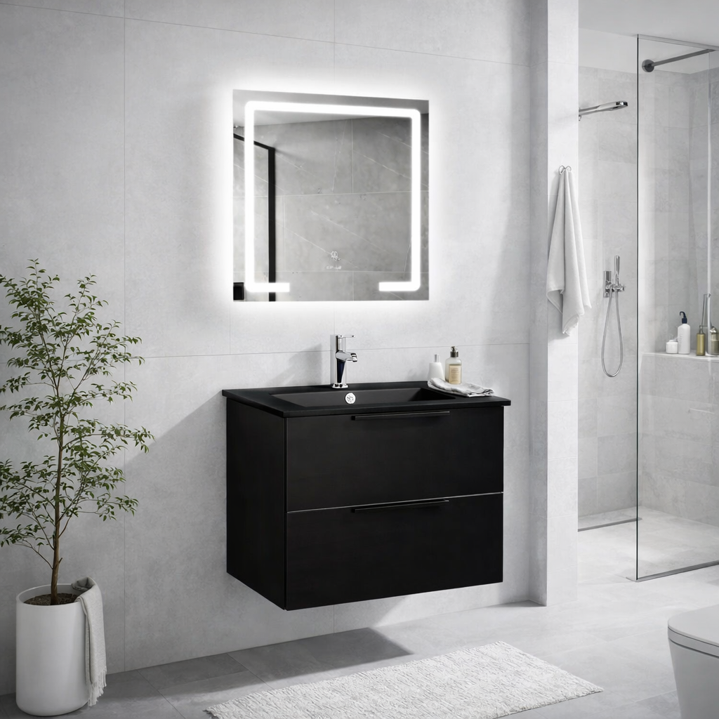 Set Mobilier Baie Nero 60 cm oglinda cu LED, lavoar ceramic inclus, MDF total