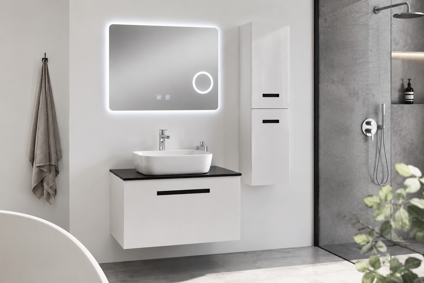 Set Mobilier Baie Troia 80 cm oglinda cu LED, dezaburire si lupa, lavoar ceramic, blat compozit, soldat inclus, MDF total (WB-BC202)