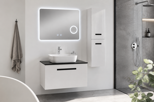 Set Mobilier Baie Troia 80 cm oglinda cu LED, dezaburire si lupa, lavoar ceramic, blat compozit, soldat inclus, MDF total (WB-BC202)