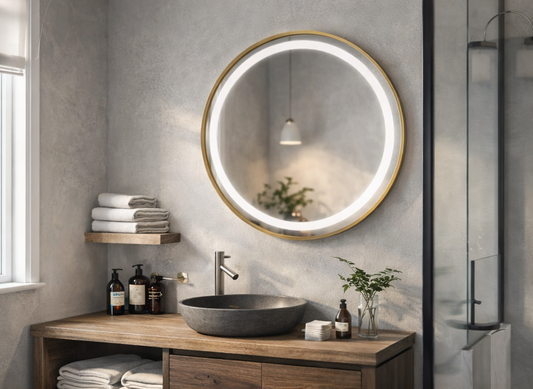 Oglinda LED rotunda 6918 Ø70 rama aluminiu aurie senzor tactil in baie moderna