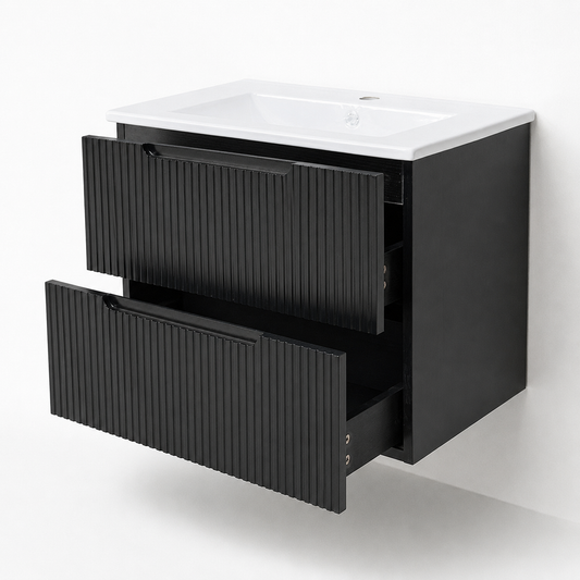 Detaliu mobilier baie Nero cu sertare, MDF, finisaj negru, lavoar ceramic