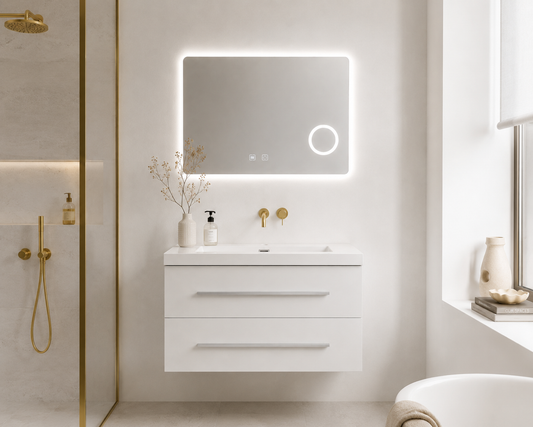 Set Mobilier Baie Efes 80 cm oglinda cu LED, lavoar compozit inclus, MDF total