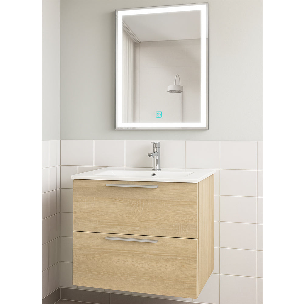 Set Mobilier Baie Suspendat 60 cm – cu Lavoar Ceramic Slim și Oglindă LED cu Dezaburire, MDF total