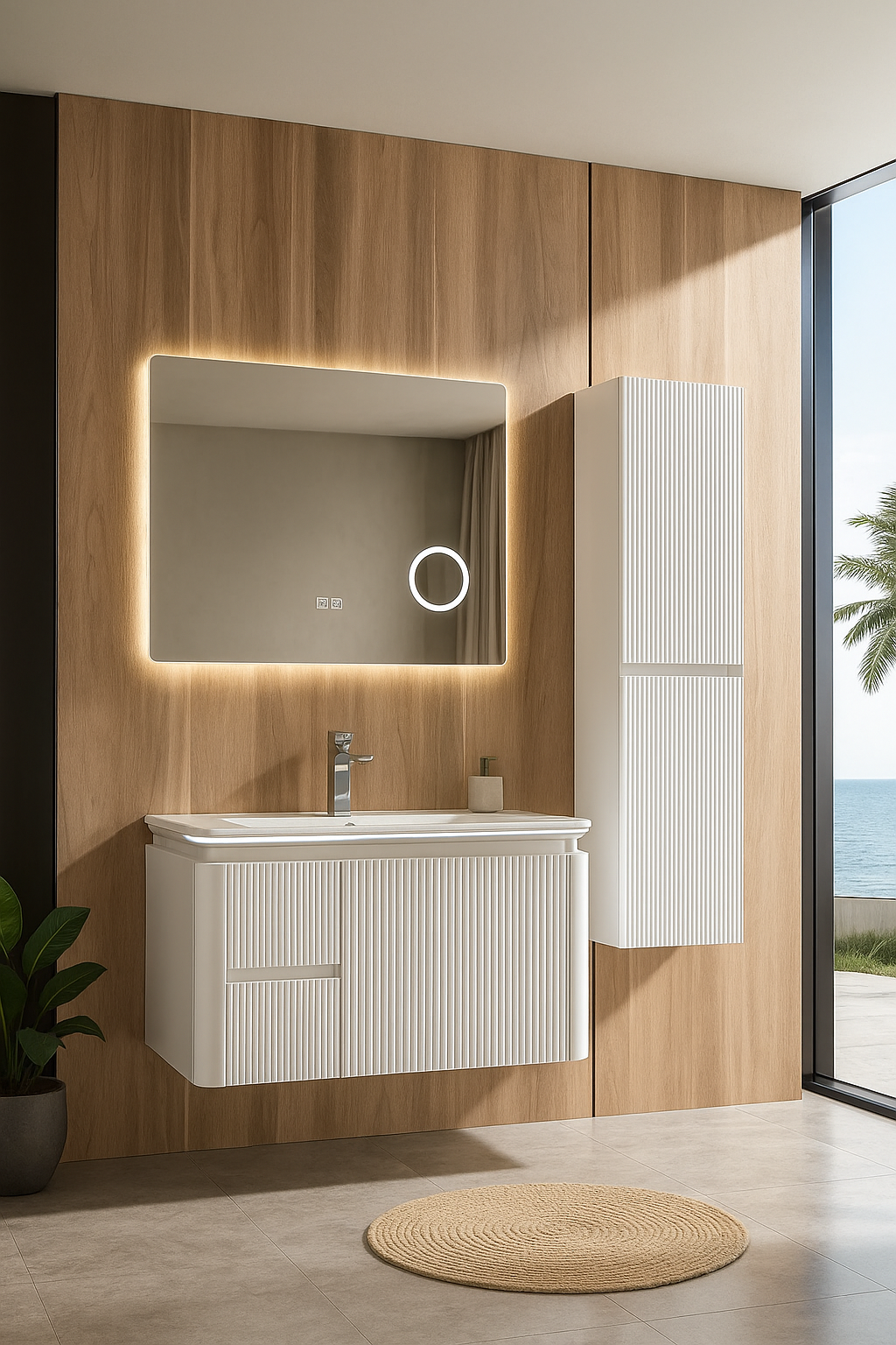 Mobilier Cappadocia 80 cm alb, oglindă 70 sau 80 cm cu LED, dezaburire și lupă, lavoar ceramic, soldat inclus, PVC total