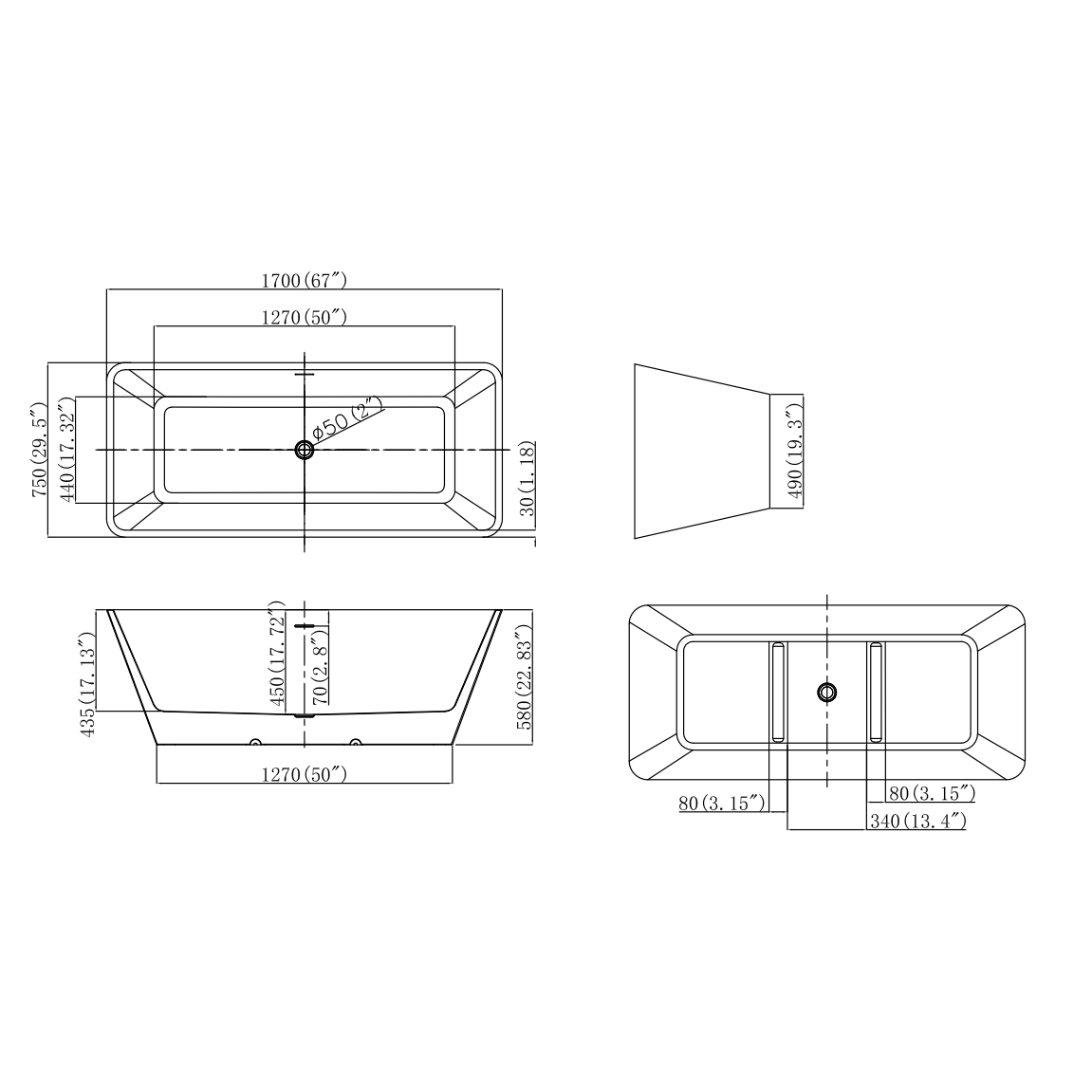 Cada baie freestanding Malaga dreptunghiulara WB-824