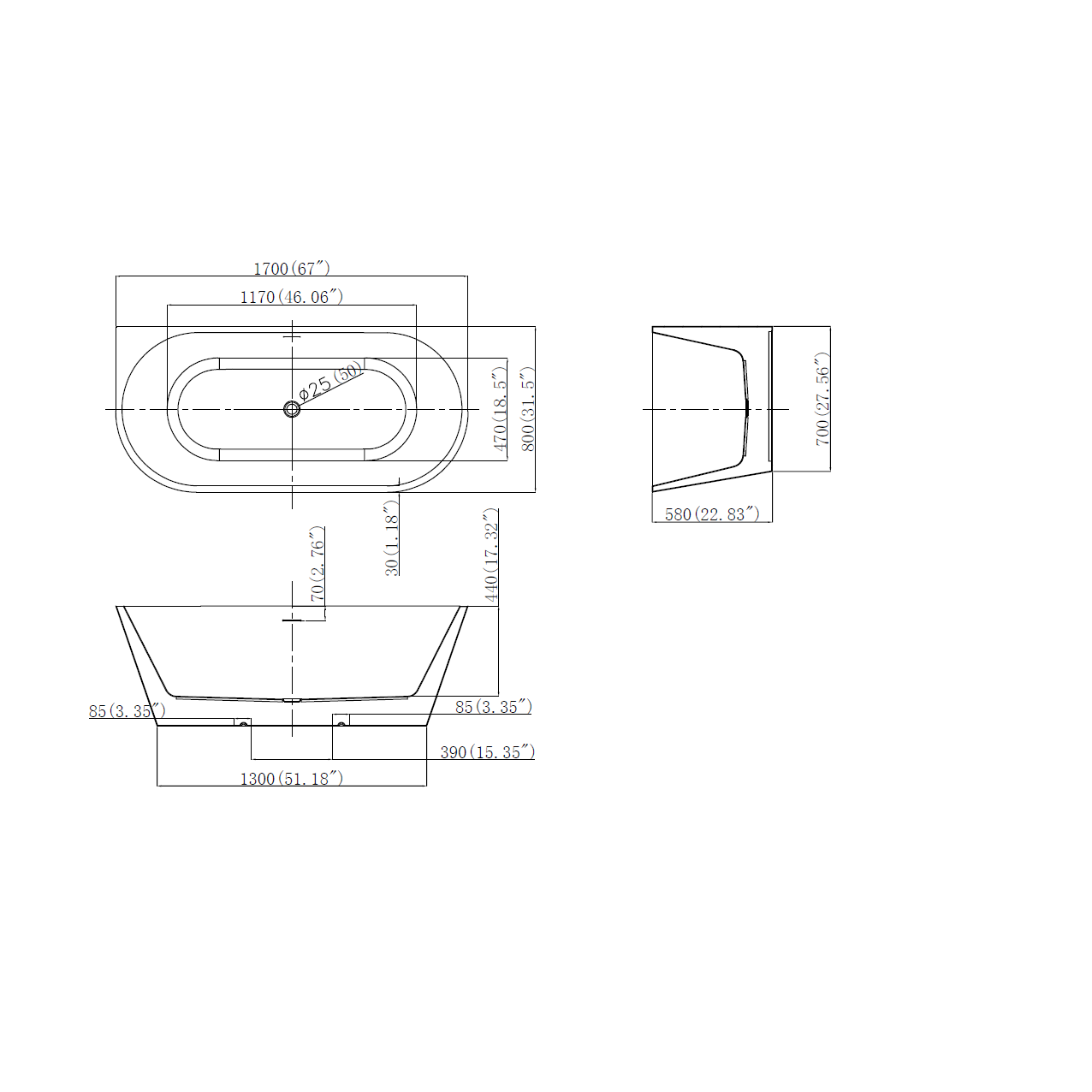 Cada baie freestanding Verona WB6019, 1700 x 800 mm, alb lucios, acril dublu stratificat