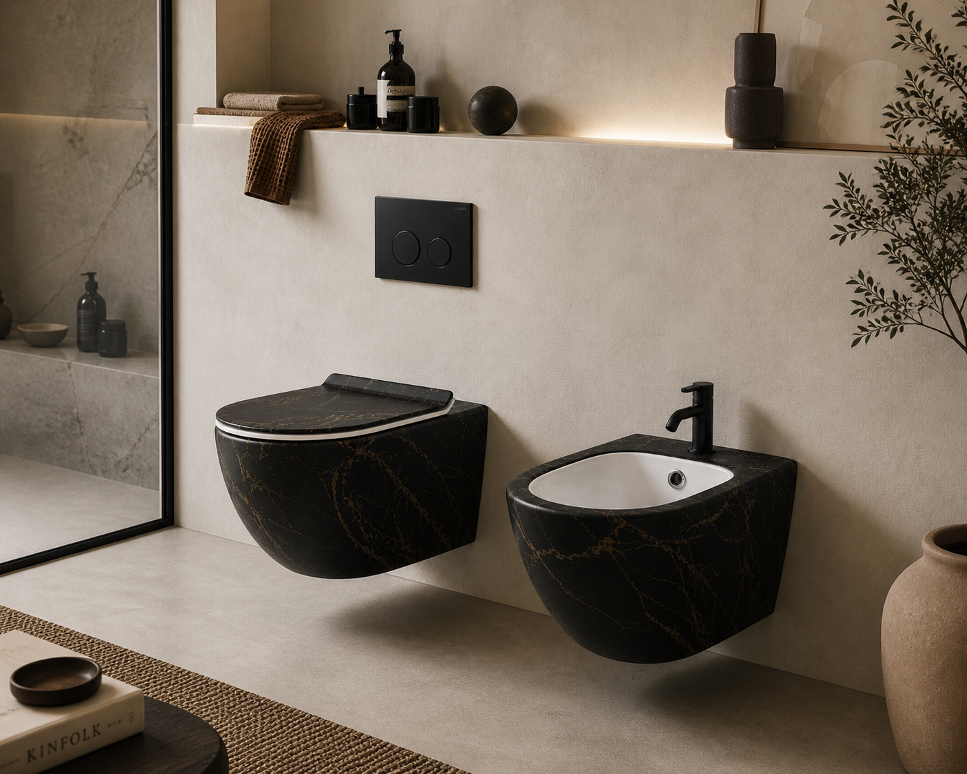 Vas WC suspendat negru cu finisaj marmorat auriu, capac duroplast soft-close