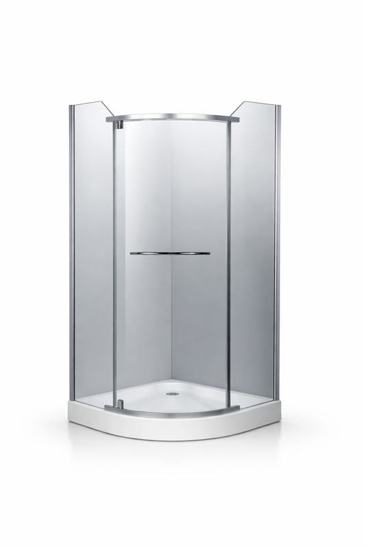 Cabina dus semi-rotunda 90x90, balama, prinderi si manere inox, grosime sticla 6 mm. Cadita este inclusa in pret!