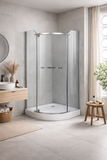 Cabina dus semi-rotunda 90x90, balama, prinderi si manere inox, grosime sticla 6 mm. Cadita este inclusa in pret!