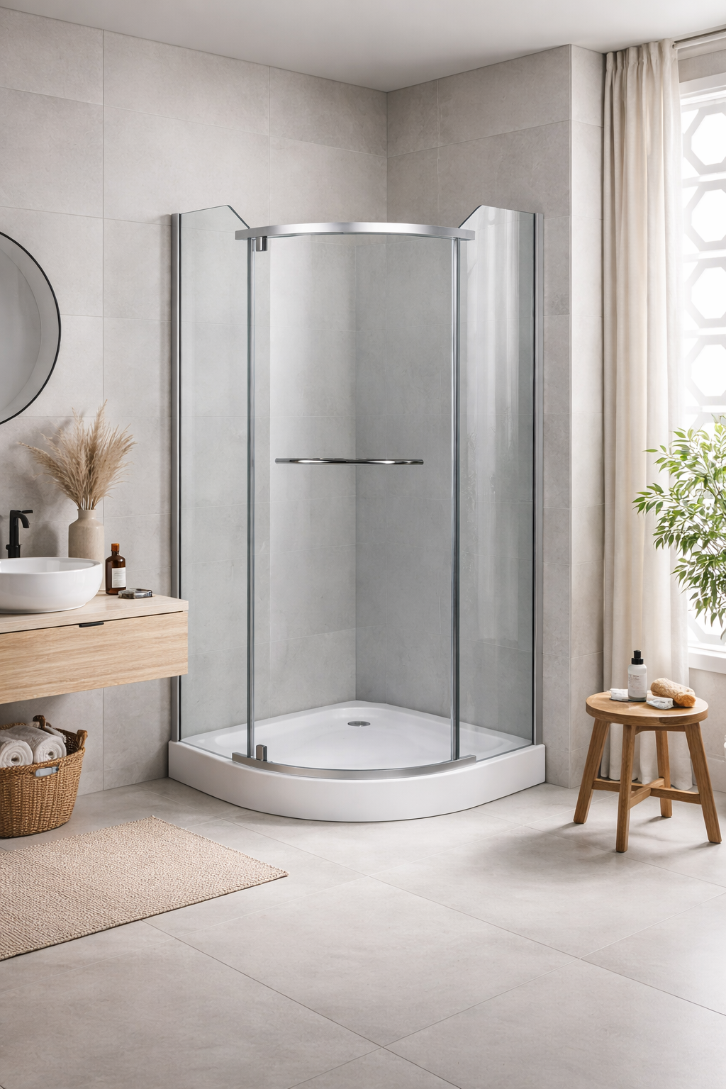 Cabina dus semi-rotunda 90x90, balama, prinderi si manere inox, grosime sticla 6 mm. Cadita este inclusa in pret!
