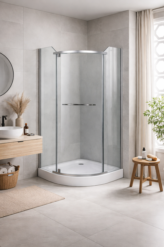 Cabina dus semi-rotunda 90x90, balama, prinderi si manere inox, grosime sticla 6 mm. Cadita este inclusa in pret!