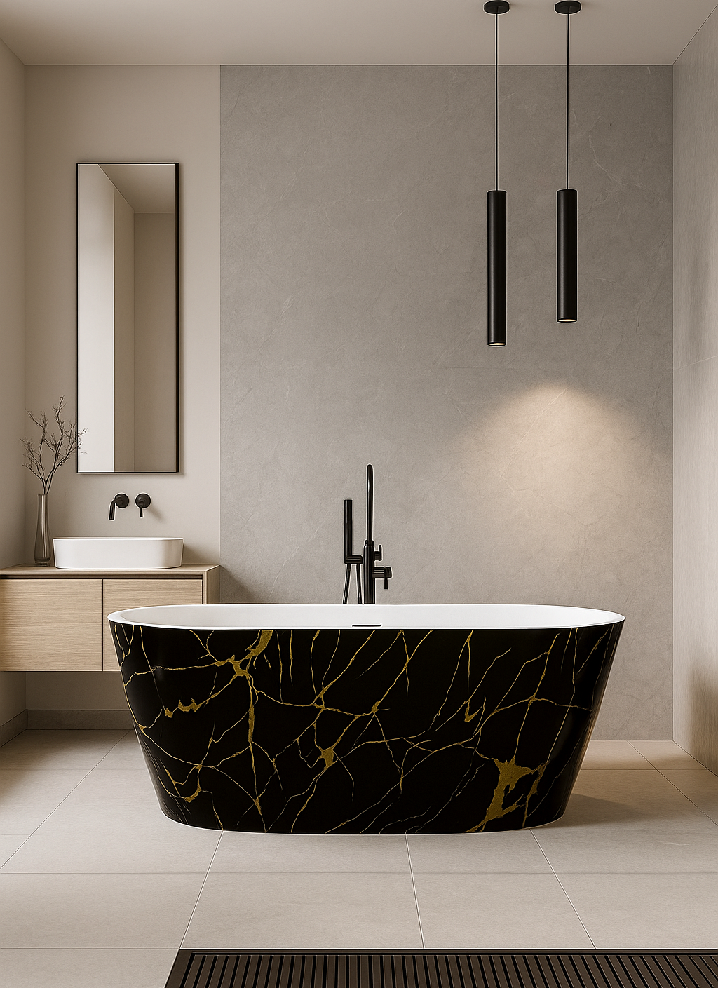 Cada baie freestanding Taormina model realizat din acril sanitar dublu stratificat, ranforsat cu fibra de sticla, finisaj cu efect de marmura alb-gri, lucios
