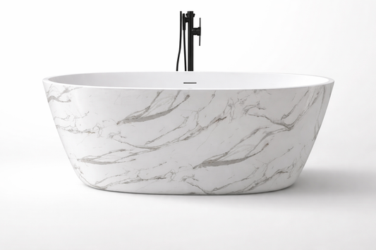 Cada baie freestanding Taormina model realizat din acril sanitar dublu stratificat, ranforsat cu fibra de sticla, finisaj cu efect de marmura alb-gri, lucios