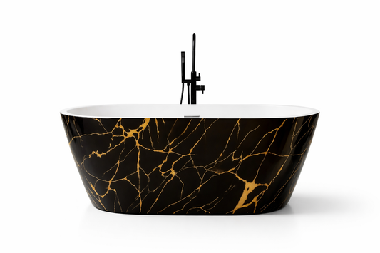 Cada baie freestanding Taormina model realizat din acril sanitar dublu stratificat, ranforsat cu fibra de sticla, finisaj cu efect de marmura alb-gri, lucios