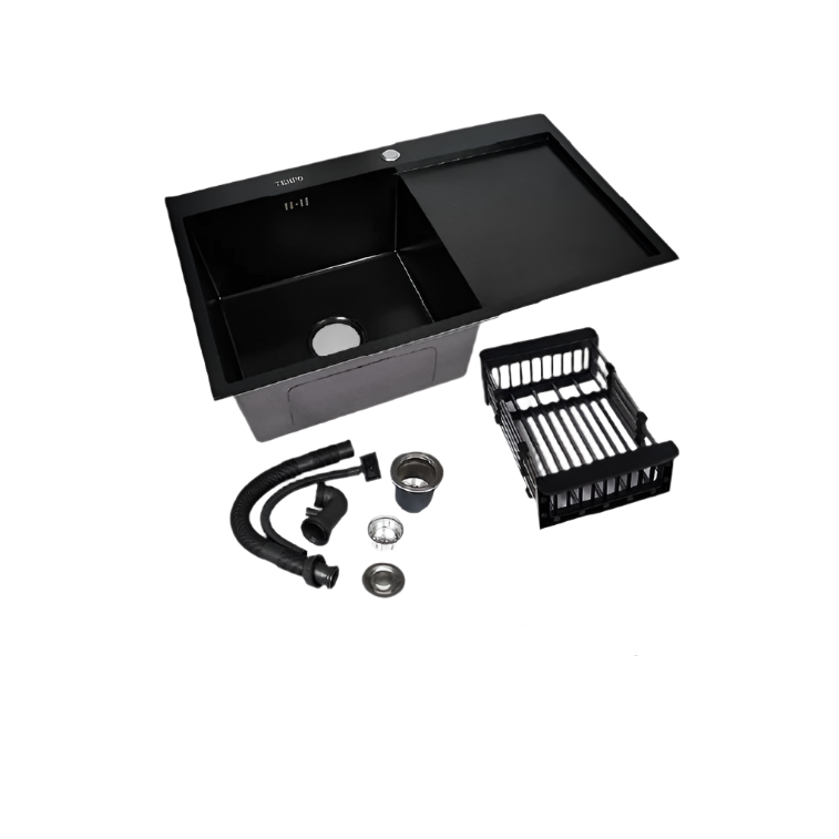 Chiuveta bucatarie inox negru 80x50 cm cu accesorii incluse, realizata manual din inox anti-amprenta.