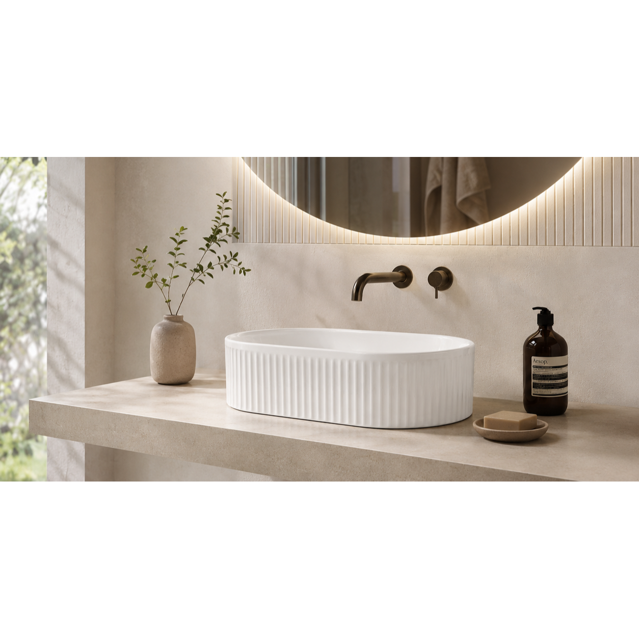 Lavoar pe blat alb riflat, ceramica sanitara, oval, fara orificiu pentru baterie