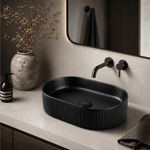 Lavoar pe blat negru mat riflat, ceramica sanitara, oval, fara orificiu pentru baterie