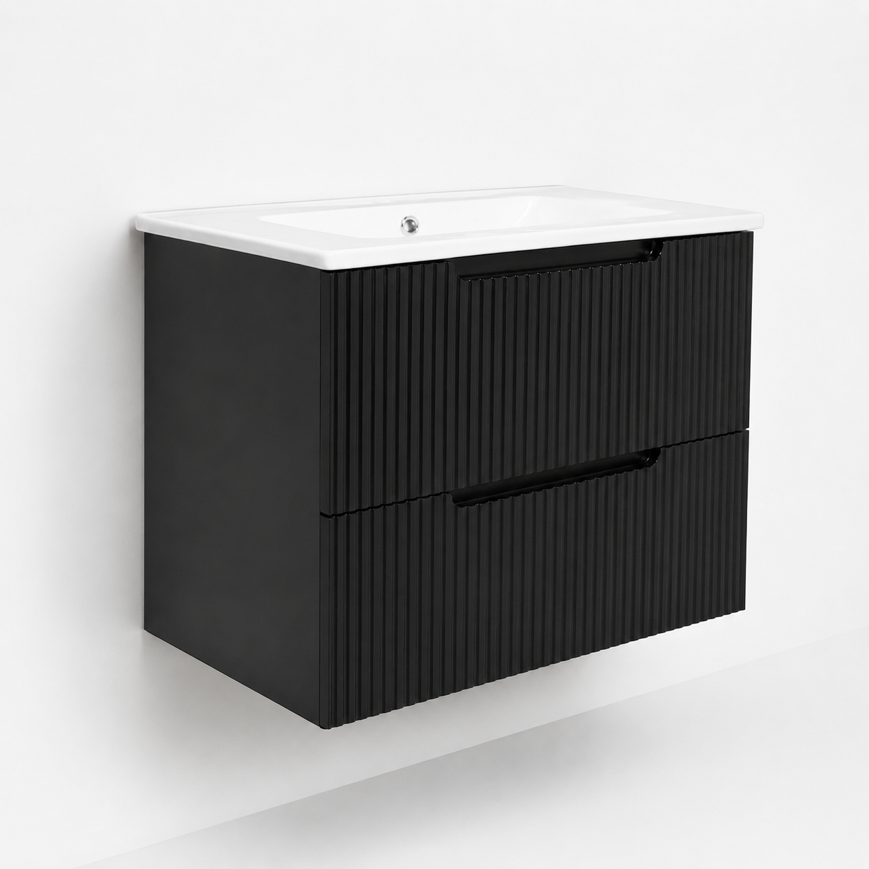 Mobilier baie suspendat negru riflat cu sertare soft-close și lavoar ceramic slim