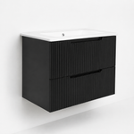 Mobilier baie suspendat negru riflat cu sertare soft-close și lavoar ceramic slim