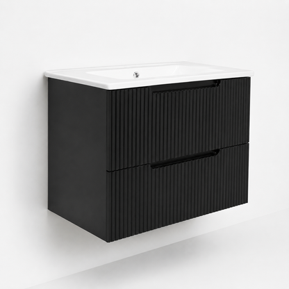 Mobilier baie suspendat negru riflat cu sertare soft-close și lavoar ceramic slim