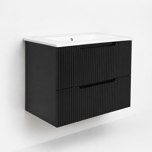 Mobilier baie suspendat negru riflat cu sertare soft-close și lavoar ceramic slim