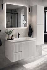 Set Mobilier Baie CAPPADOCIA Riflat 80 cm alb, oglinda 70 sau 80 cm cu LED, dezaburire si lupa, lavoar ceramic, soldat inclus.