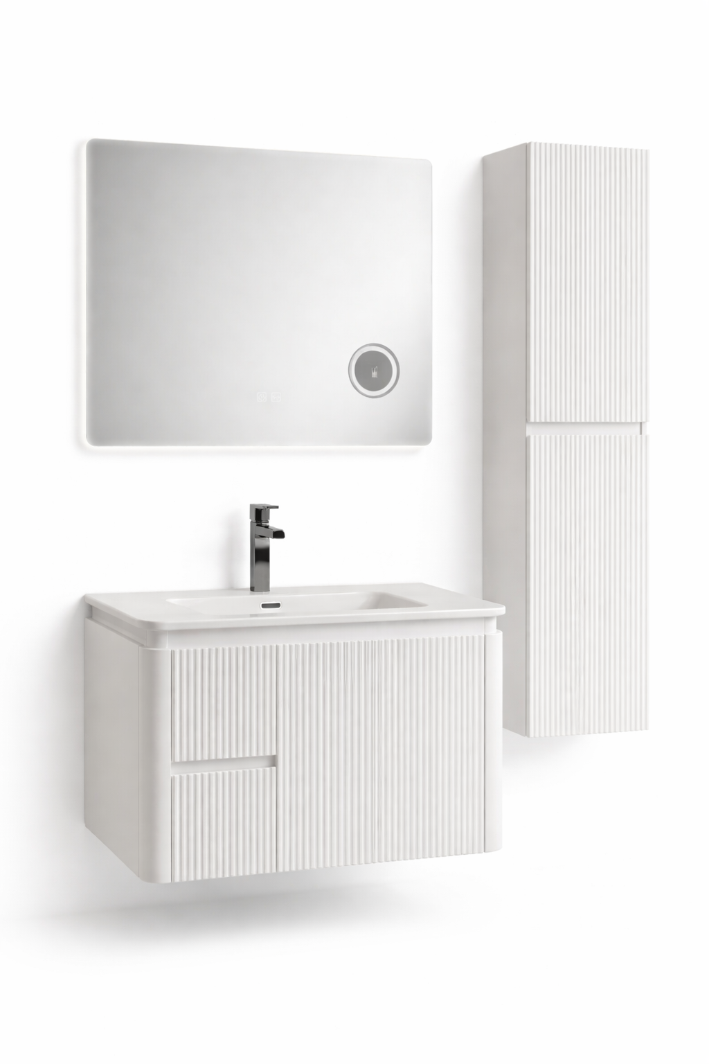 Set Mobilier Baie CAPPADOCIA Riflat 80 cm alb, oglinda 70 sau 80 cm cu LED, dezaburire si lupa, lavoar ceramic, soldat inclus.