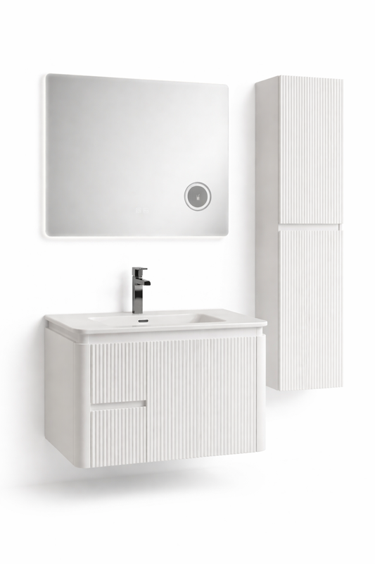Set Mobilier Baie CAPPADOCIA Riflat 80 cm alb, oglinda 70 sau 80 cm cu LED, dezaburire si lupa, lavoar ceramic, soldat inclus.