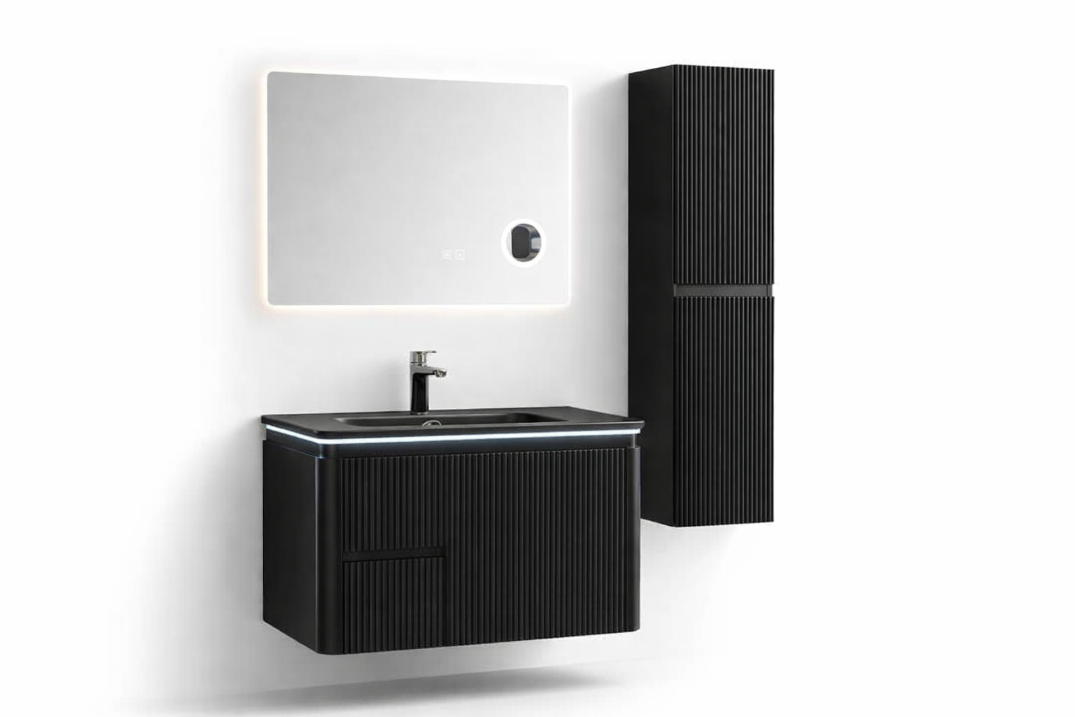 Set Mobilier Baie Cappadocia Riflat 80 cm negru mat, oglinda 70 sau 80 cm cu LED, dezaburire si lupa, lavoar ceramic, soldat inclus.