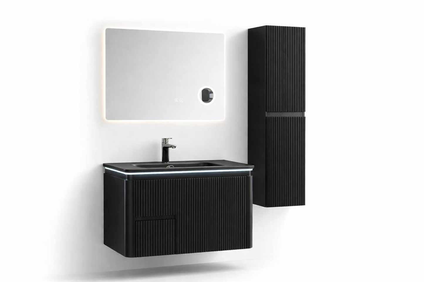 Set Mobilier Baie Cappadocia Riflat 80 cm negru mat, oglinda 70 sau 80 cm cu LED, dezaburire si lupa, lavoar ceramic, soldat inclus.