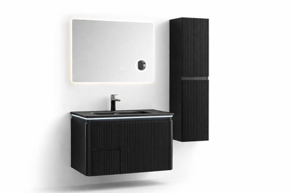Set Mobilier Baie Cappadocia Riflat 80 cm negru mat, oglinda 70 sau 80 cm cu LED, dezaburire si lupa, lavoar ceramic, soldat inclus.