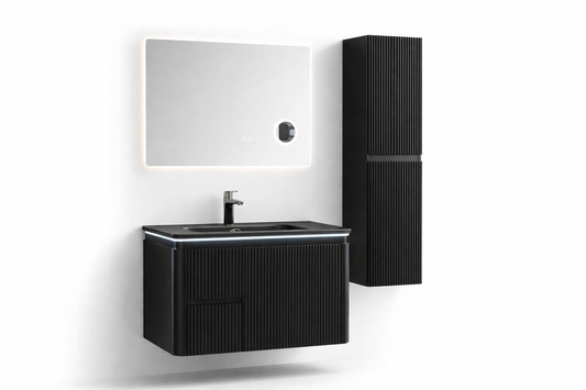 Set Mobilier Baie Cappadocia Riflat 80 cm negru mat, oglinda 70 sau 80 cm cu LED, dezaburire si lupa, lavoar ceramic, soldat inclus.