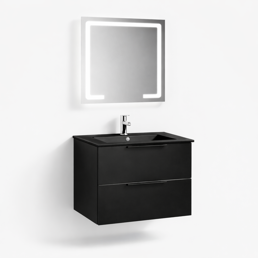 Set Mobilier Baie Nero 60 cm oglinda cu LED, lavoar ceramic inclus, MDF total