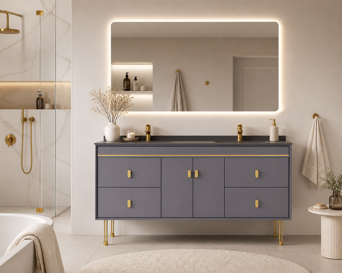 Mobilier baie NOBLE, 150 cm, MDF, blat ceramic, oglinda LED, sistem soft-close