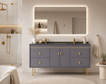 Set Mobilier baie NOBLE 150 cm latime, realizat din MDF si prevazut cu blat ceramic. Produsul include corp de mobilier si oglinda cu iluminare LED. Bateriile nu sunt incluse.