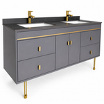 Set Mobilier baie NOBLE 150 cm latime, realizat din MDF si prevazut cu blat ceramic. Produsul include corp de mobilier si oglinda cu iluminare LED. Bateriile nu sunt incluse.