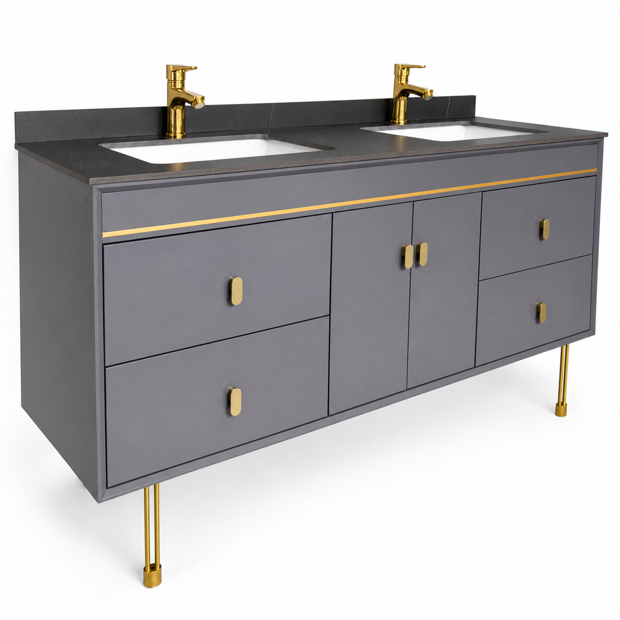 Set Mobilier baie NOBLE 150 cm latime, realizat din MDF si prevazut cu blat ceramic. Produsul include corp de mobilier si oglinda cu iluminare LED. Bateriile nu sunt incluse.
