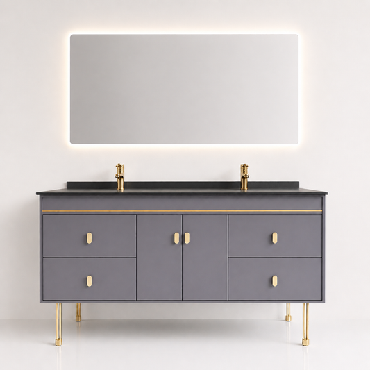 Mobilier baie NOBLE, 150 cm, MDF, blat ceramic, oglinda LED, sistem soft-close