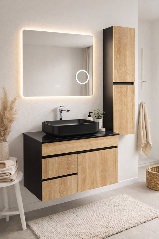 Mobilier Forest 80 cm oglinda cu LED, lavoar ceramic, blat compozit, soldat inclus, MDF total (WB-BC077)