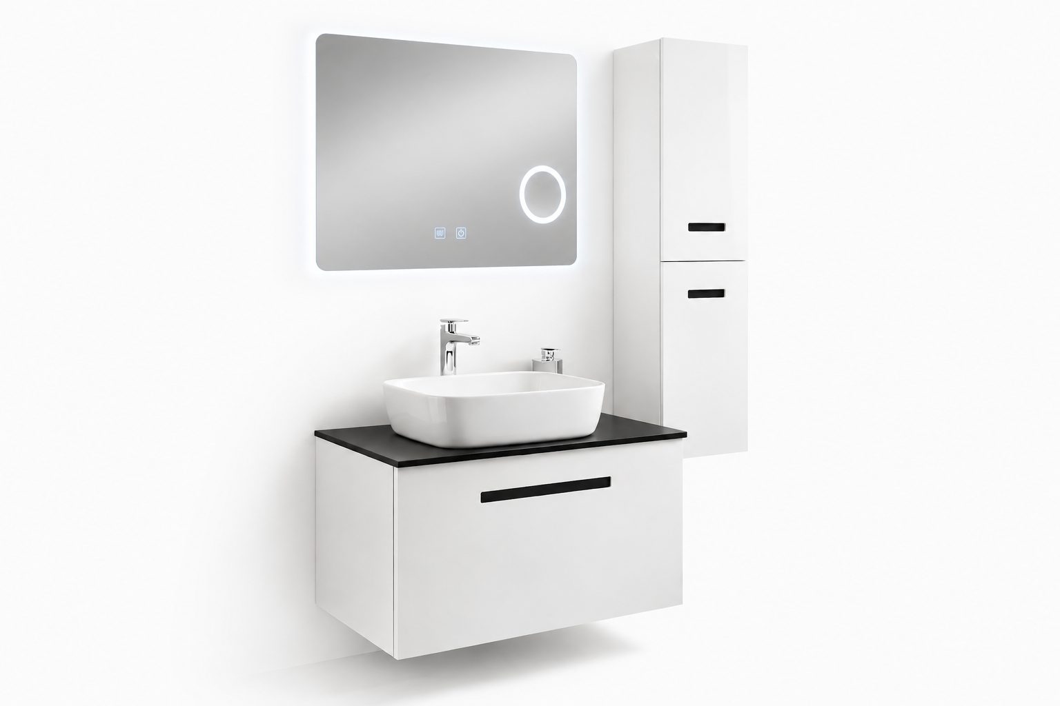 Set Mobilier Baie Troia 80 cm oglinda cu LED, dezaburire si lupa, lavoar ceramic, blat compozit, soldat inclus, MDF total (WB-BC202)