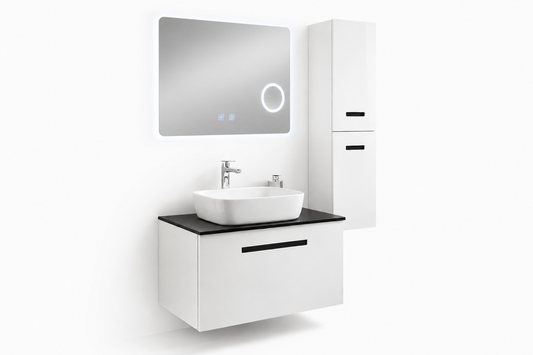 Set Mobilier Baie Troia 80 cm oglinda cu LED, dezaburire si lupa, lavoar ceramic, blat compozit, soldat inclus, MDF total (WB-BC202)
