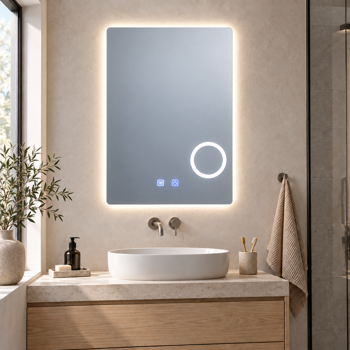 Oglinda baie LED FANTASY portrait, touch control, lupa iluminata si dezaburire, 60x80 cm