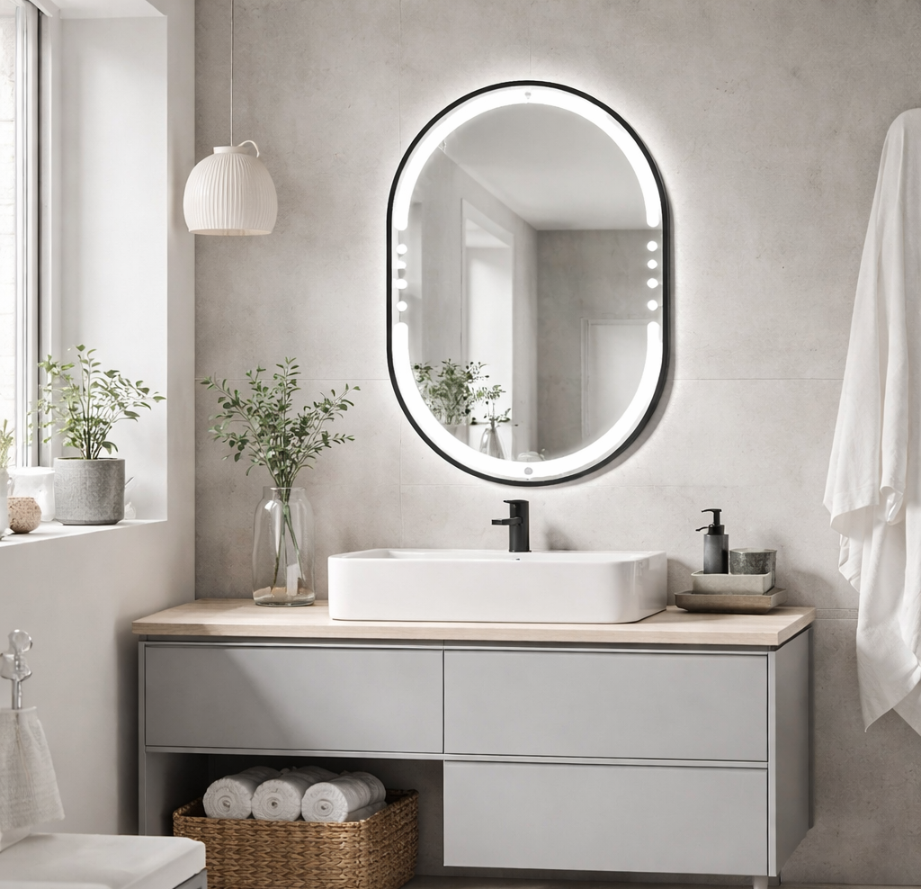 Oglinda LED 608, 60x80 cm, rama aluminiu neagra si iluminare perimetrala, ovala