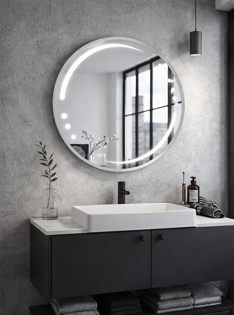 Oglinda LED rotunda 6911 Ø70 cm, cu rama aluminiu argintiu, ideală pentru băi moderne.