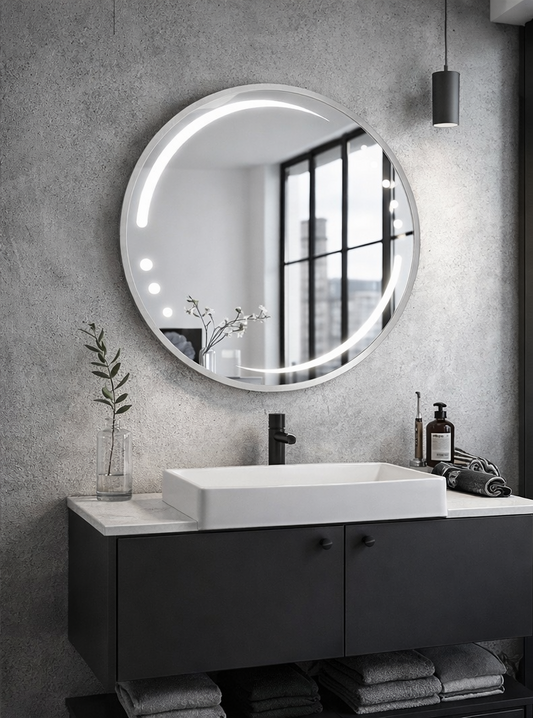 Oglinda LED rotunda 6911 Ø70 cm, cu rama aluminiu argintiu, ideală pentru băi moderne.