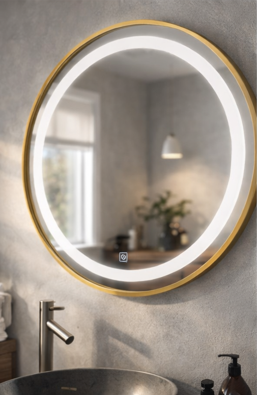 Oglinda LED rotunda 6918 Ø70 cm cu rama aluminiu aurie si senzor tactil