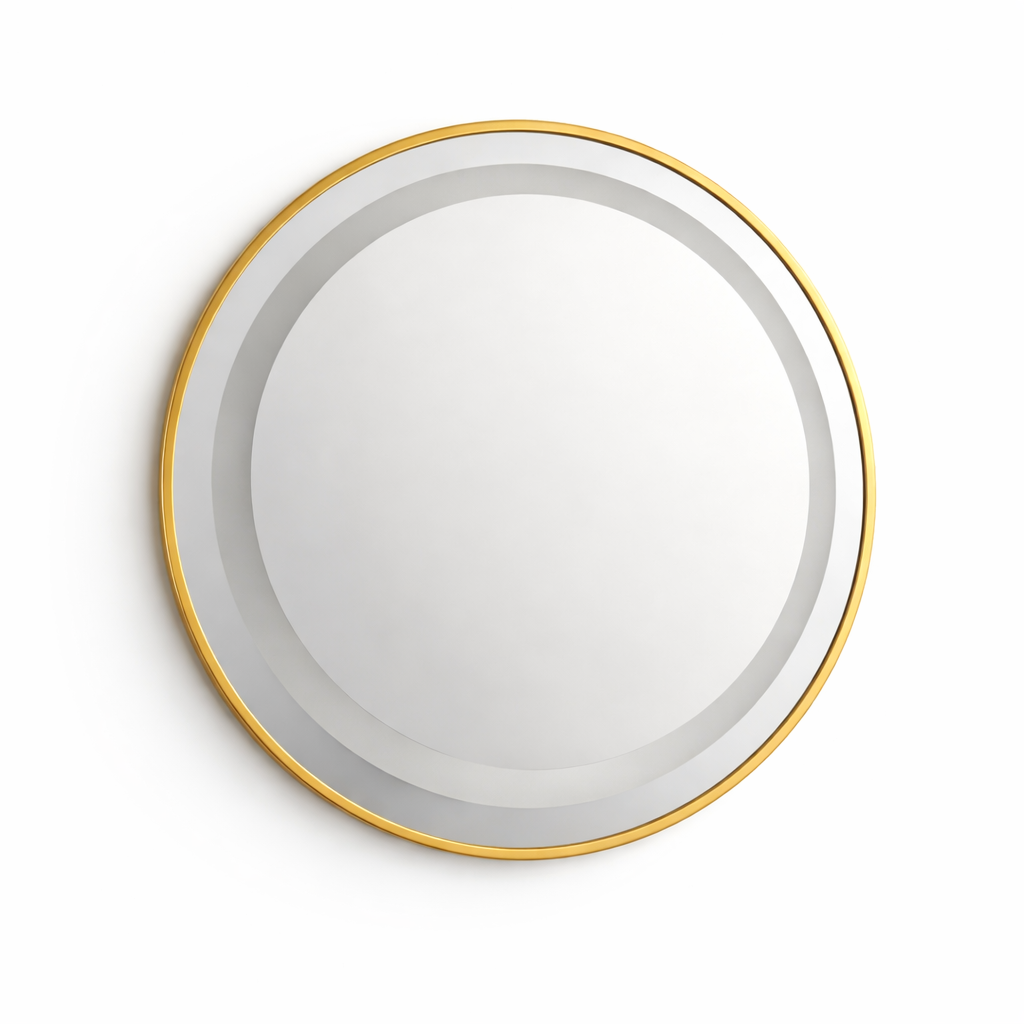 Oglinda LED rotunda 6918, Ø70 cm cu rama metalica aurie si senzor tactil, montaj pe perete.