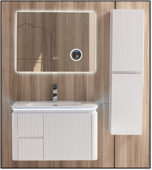 Mobilier Cappadocia 80 cm alb, oglindă 70 sau 80 cm cu LED, dezaburire și lupă, lavoar ceramic, soldat inclus, PVC total